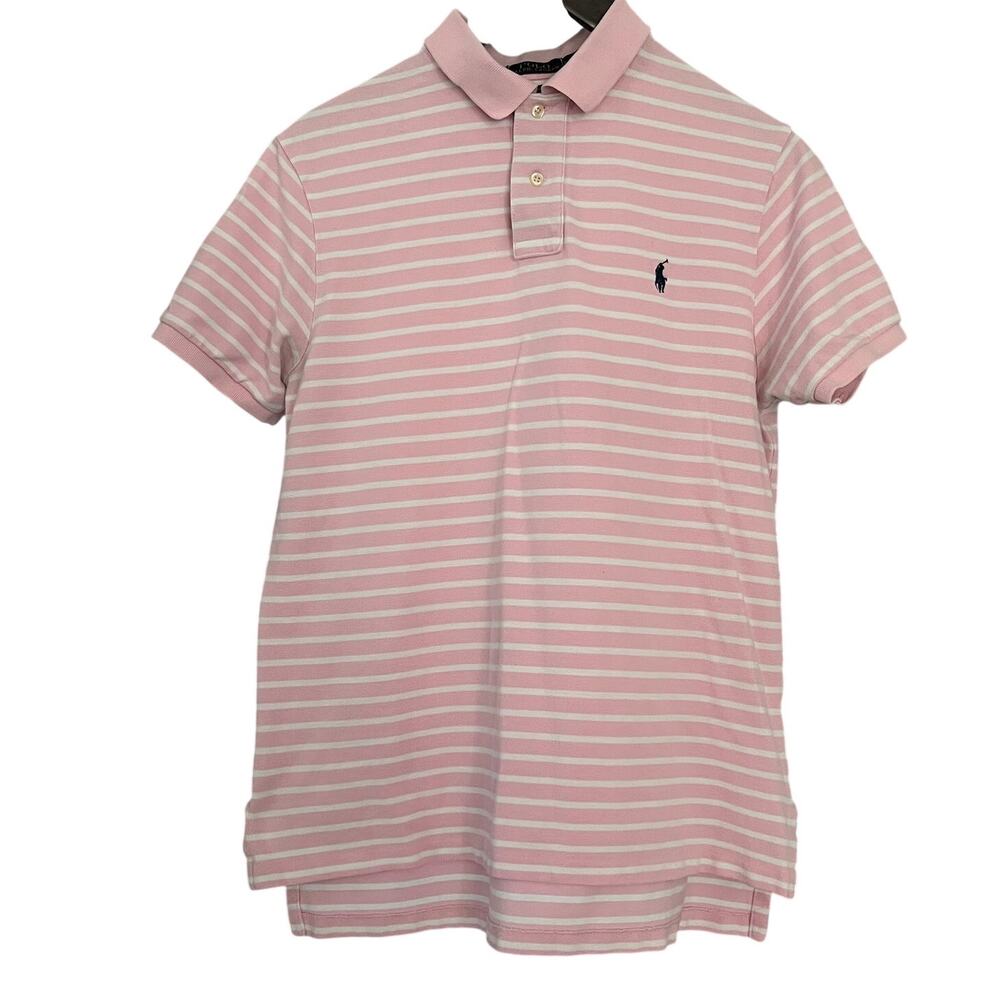 Polo Ralph Lauren Men’s L Custom Fit Pink White Stripe Cotton Polo Shirt Pony